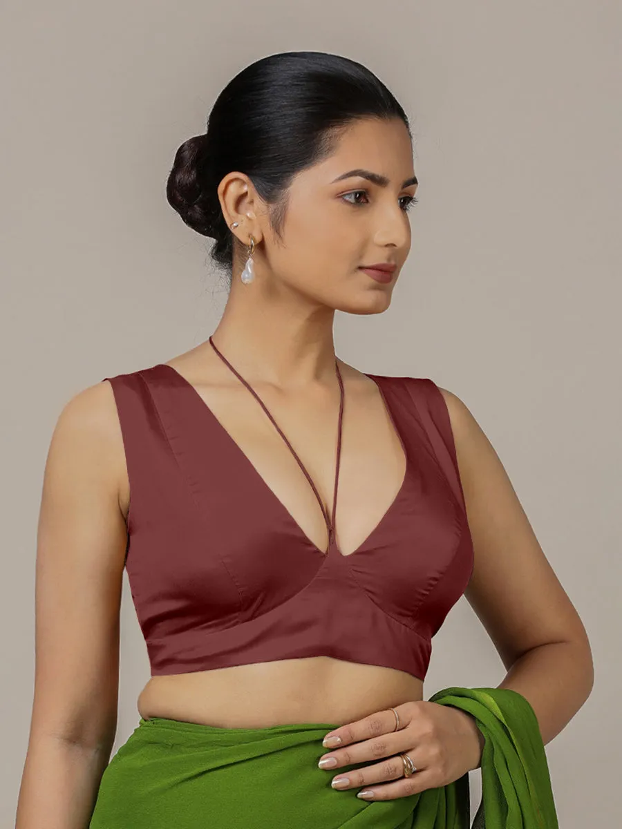 Ahana x Rozaana | Burgundy Sleeveless FlexiFit™ Saree Blouse with Plunging Neckline and Back Cut Out with Tie-up