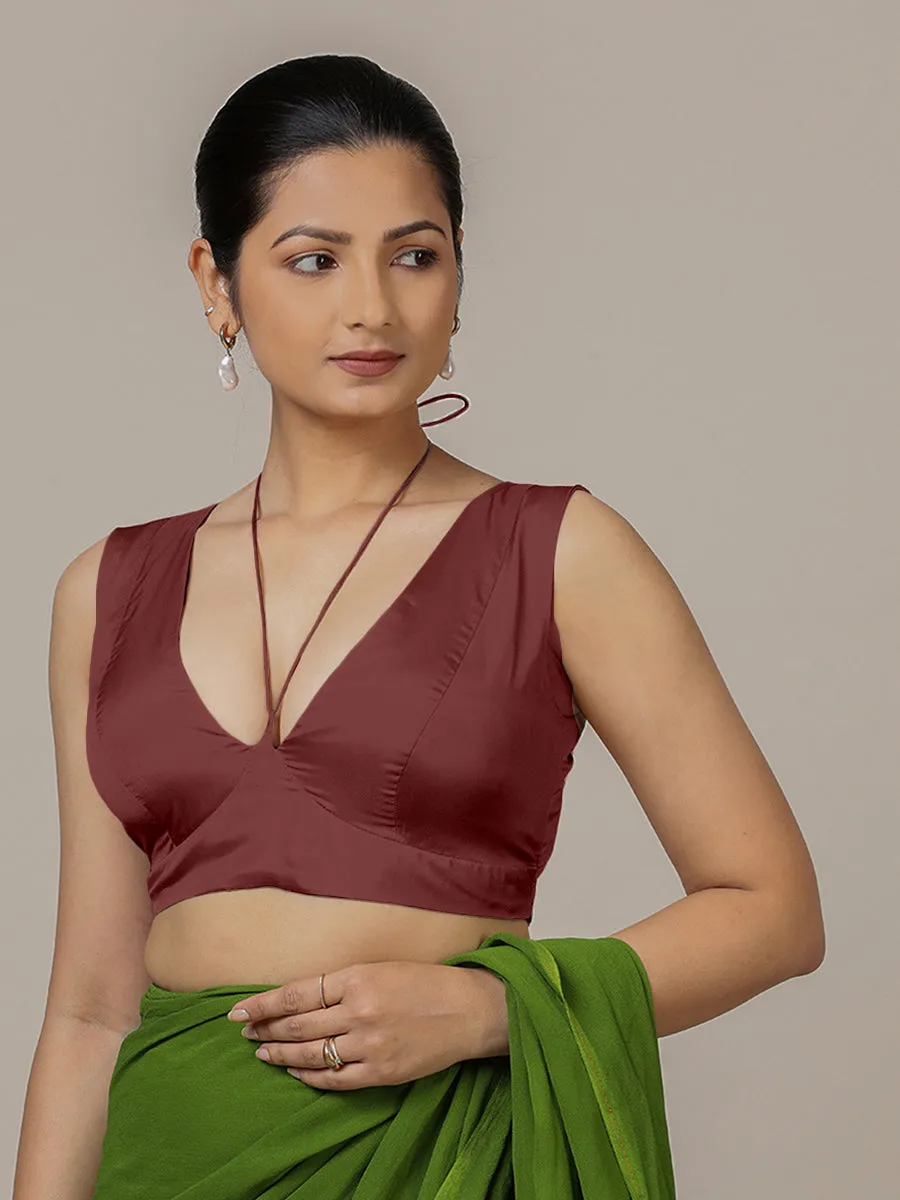 Ahana x Rozaana | Burgundy Sleeveless FlexiFit™ Saree Blouse with Plunging Neckline and Back Cut Out with Tie-up