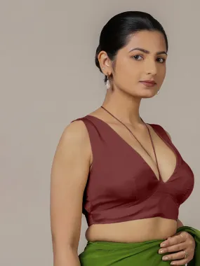 Ahana x Rozaana | Burgundy Sleeveless FlexiFit™ Saree Blouse with Plunging Neckline and Back Cut Out with Tie-up