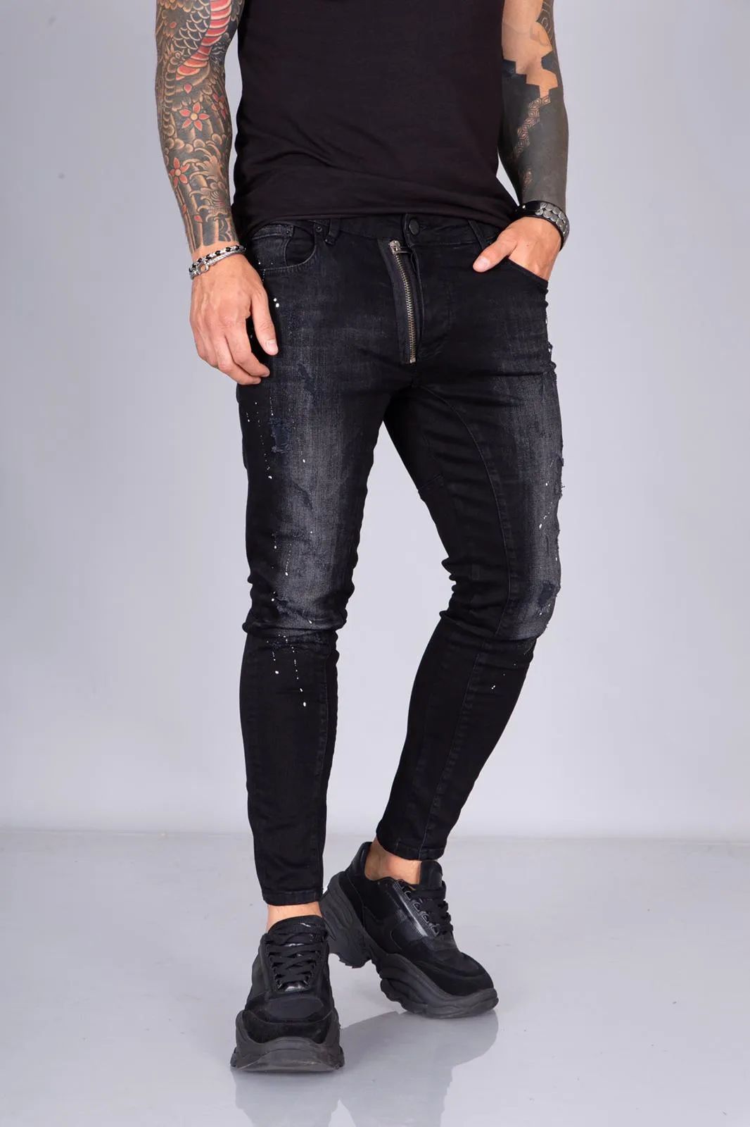 Black Colour Dot Front Zip Skinny Fit Jeans  BI-035 Streetwear Jeans