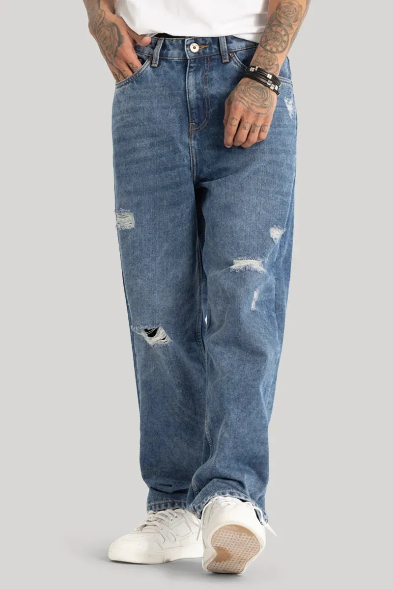 Blue Distressed Loose Fit Jeans