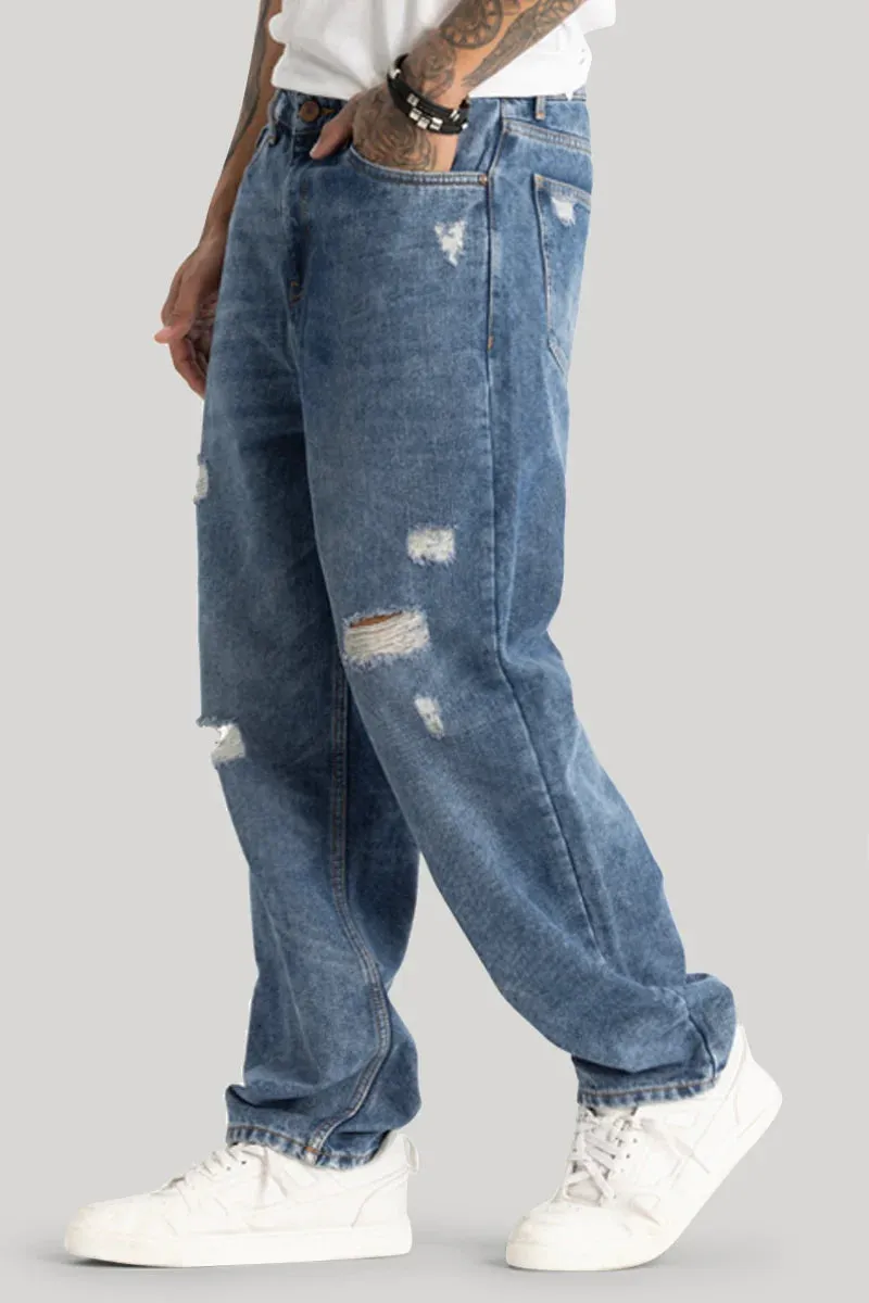 Blue Distressed Loose Fit Jeans