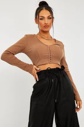 Camel Ribbed Hook Fastening Crop Top - Piper