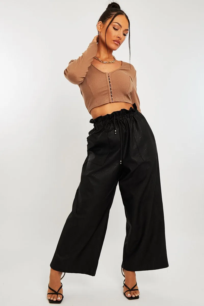 Camel Ribbed Hook Fastening Crop Top - Piper