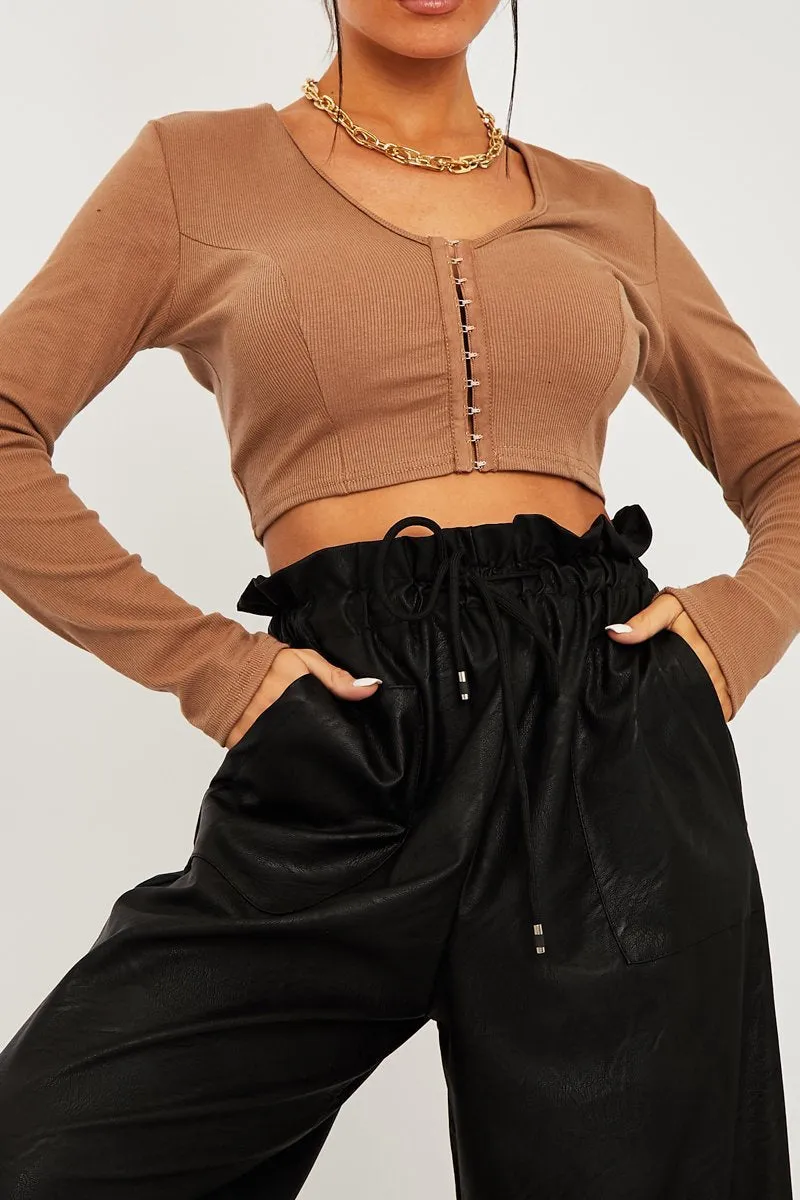 Camel Ribbed Hook Fastening Crop Top - Piper