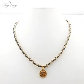 CHANEL Gold CC Logo Charm on Leather Chain Necklace