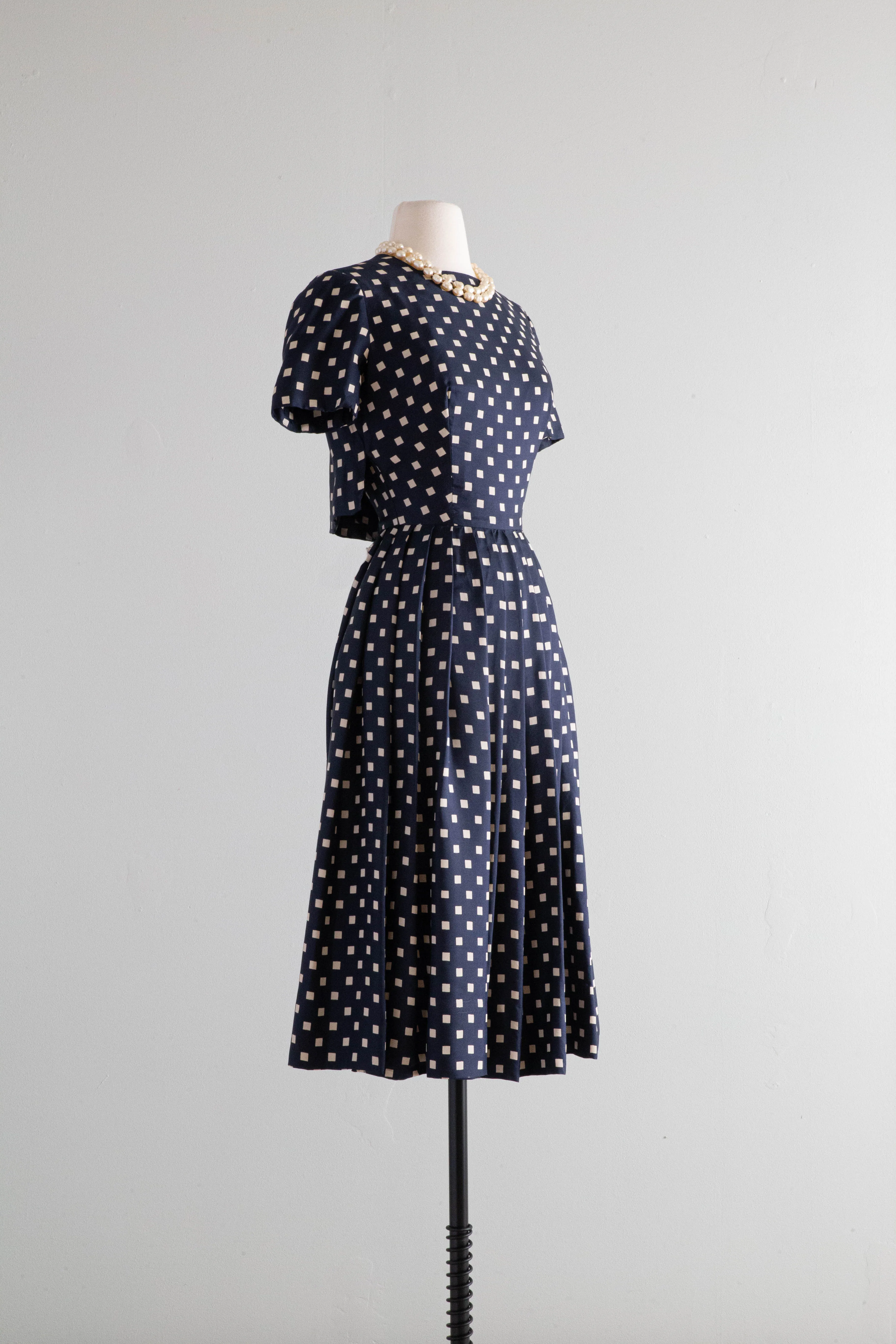 Classic 1950's Navy Polka Dot Silk Dress With Couture Details / XS