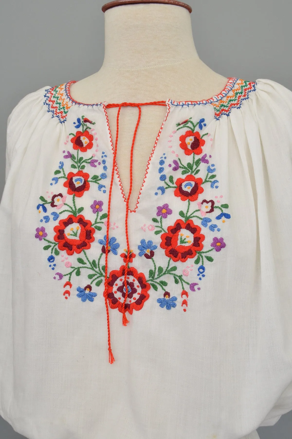 Embroidered Red Blue Flowers Vintage Peasant Top