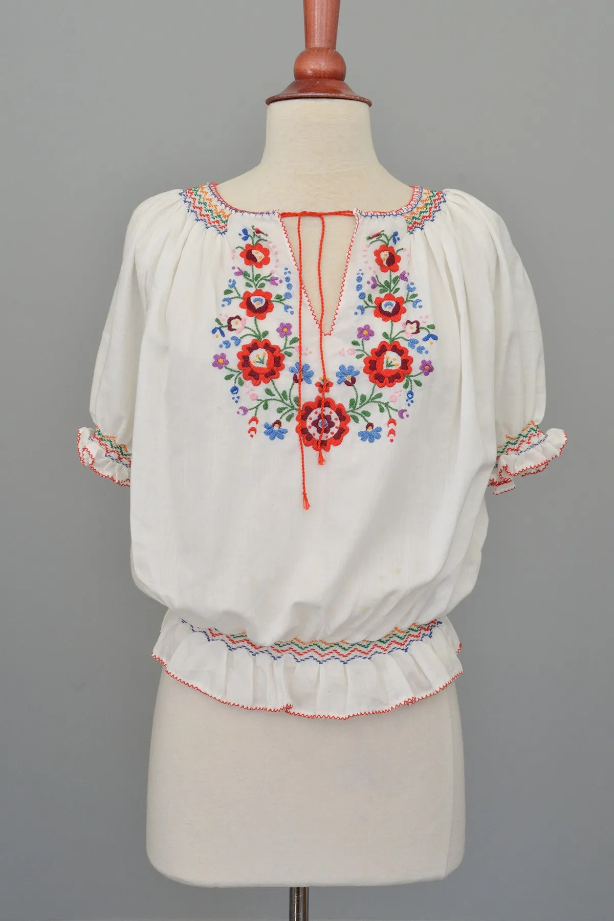 Embroidered Red Blue Flowers Vintage Peasant Top