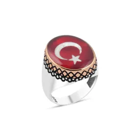 Enameled Turkish Flag Ellipse Silver Men's Ring with Pointed Top Pattern