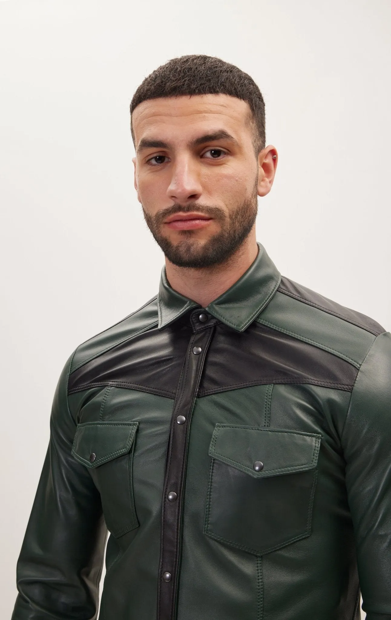 Genuine Lambskin Leather Shirt -Green Black