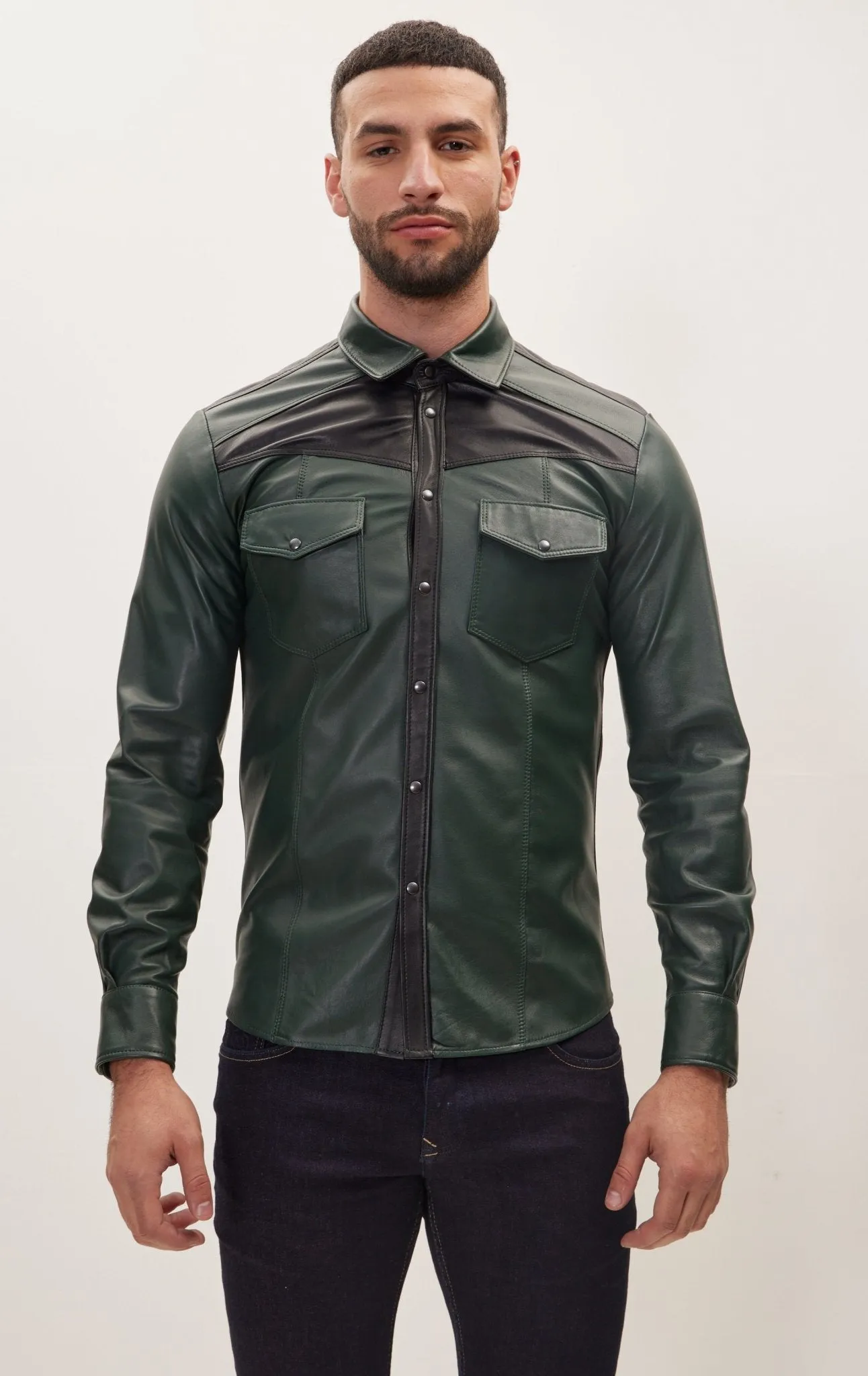 Genuine Lambskin Leather Shirt -Green Black