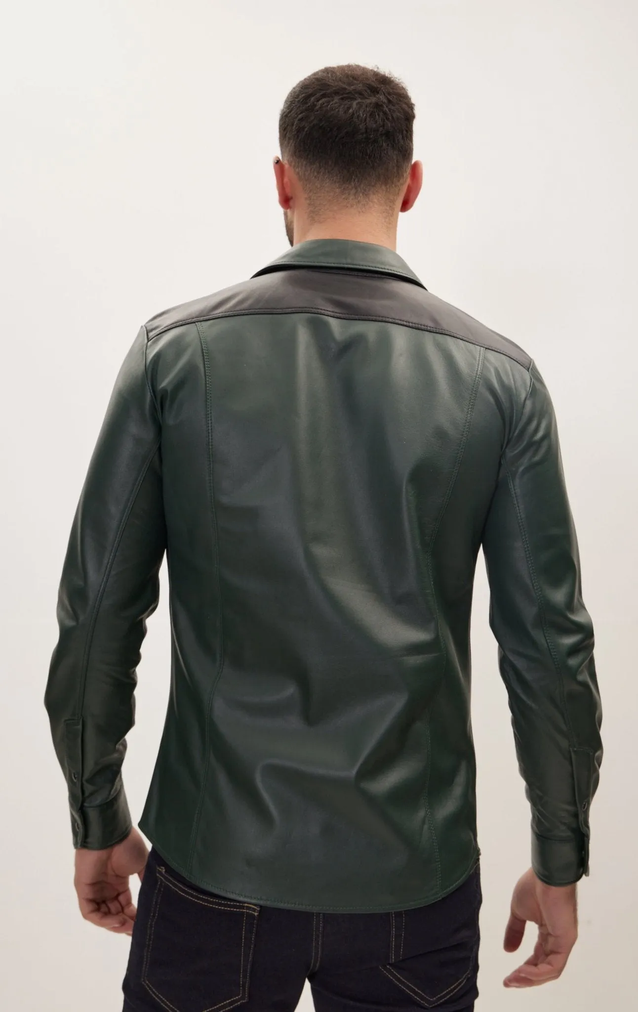 Genuine Lambskin Leather Shirt -Green Black