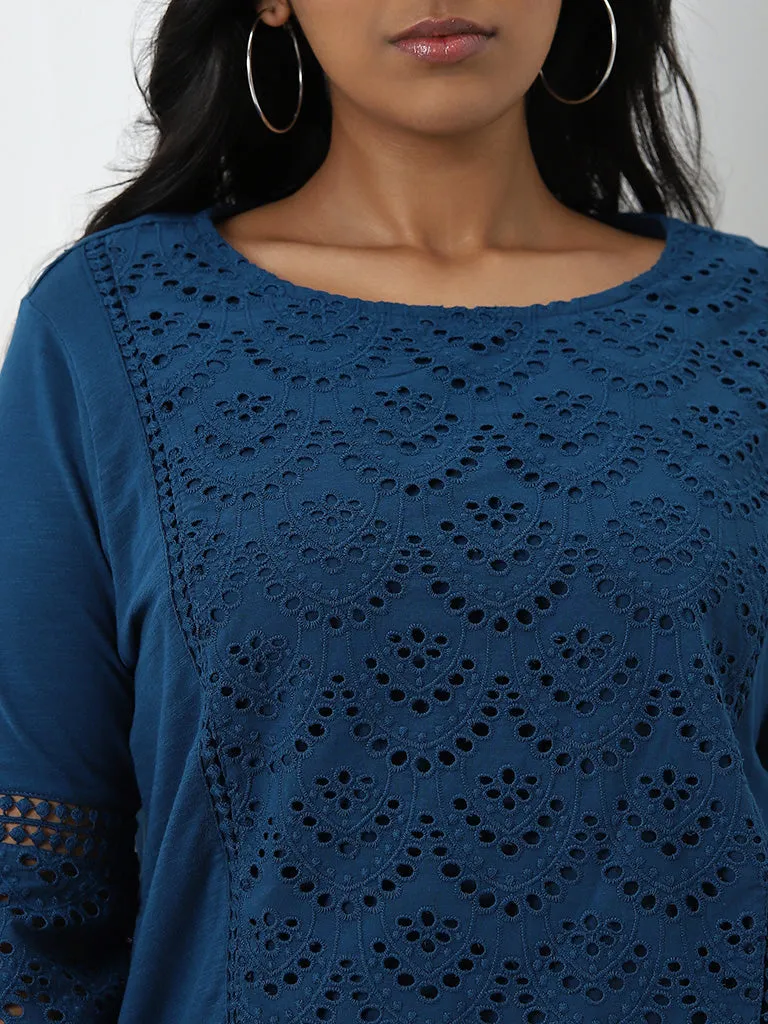 Gia Dark Blue Schiffli Design Cotton Blouse