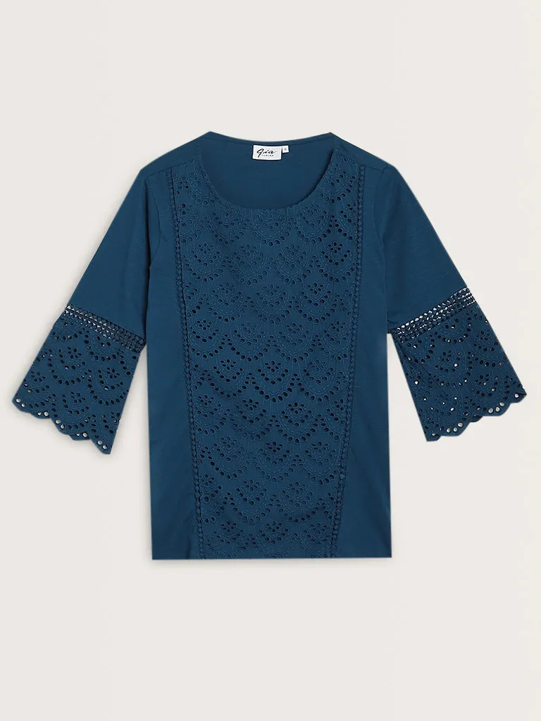 Gia Dark Blue Schiffli Design Cotton Blouse