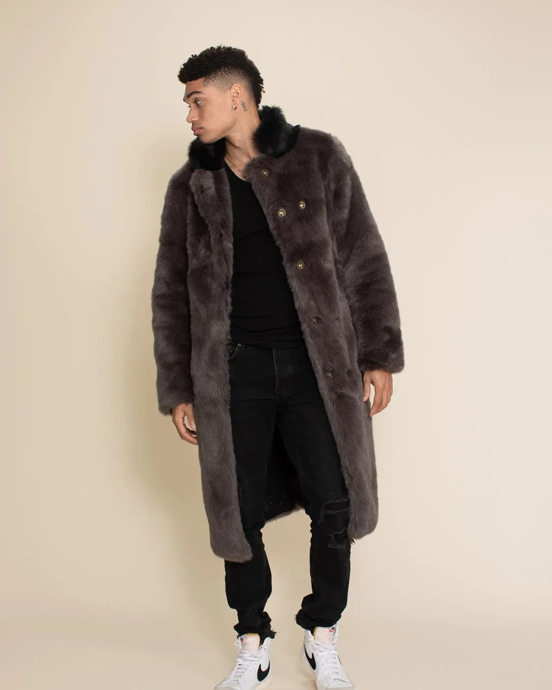 Grey Fox Calf Length Faux Fur Coat | Men's