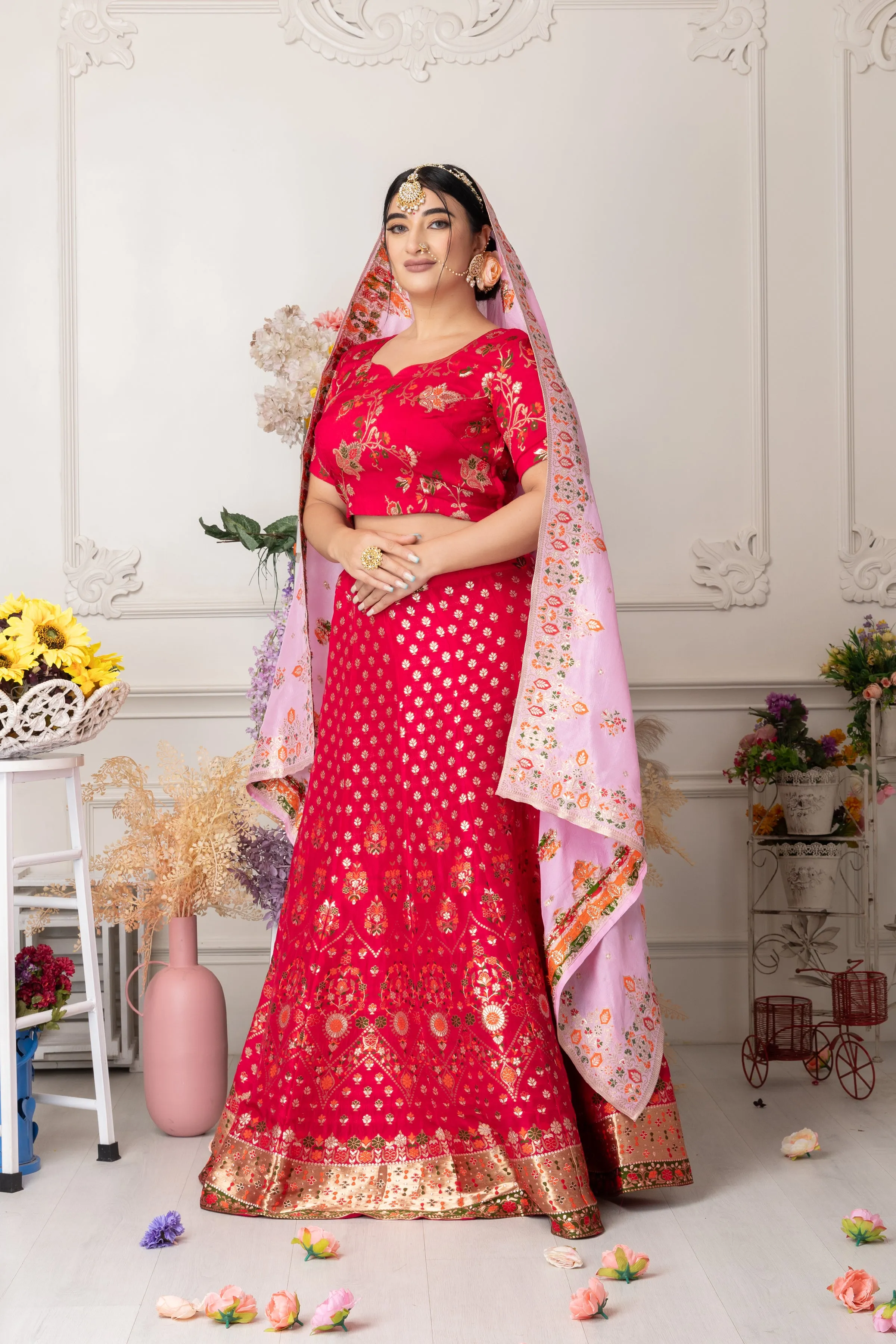 Gulabi Jhankaar Banarasi Silk Lehenga