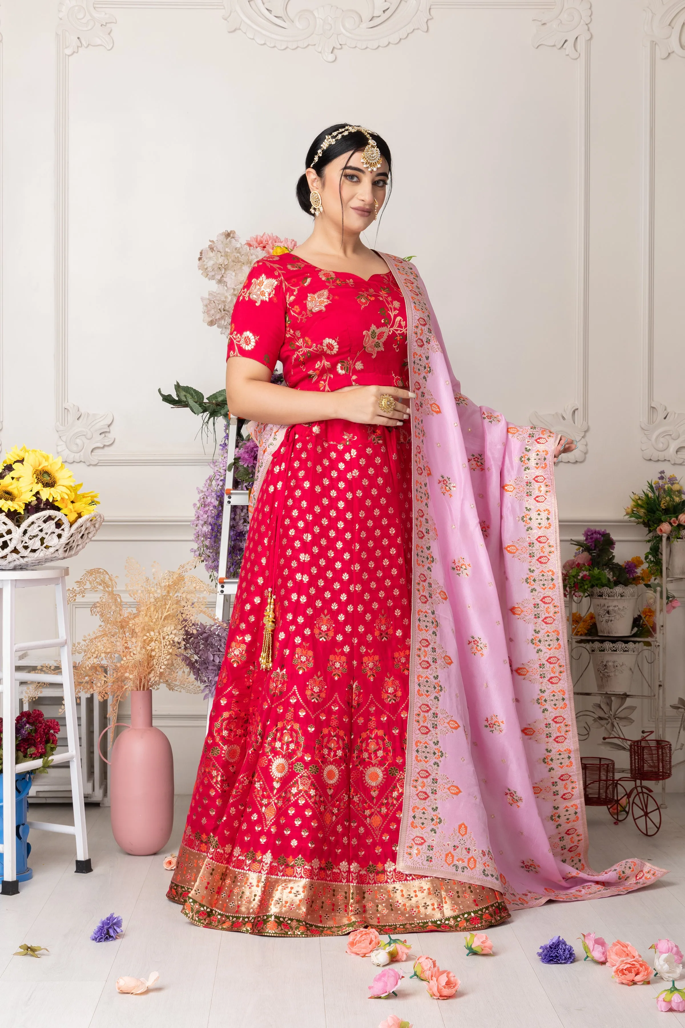 Gulabi Jhankaar Banarasi Silk Lehenga