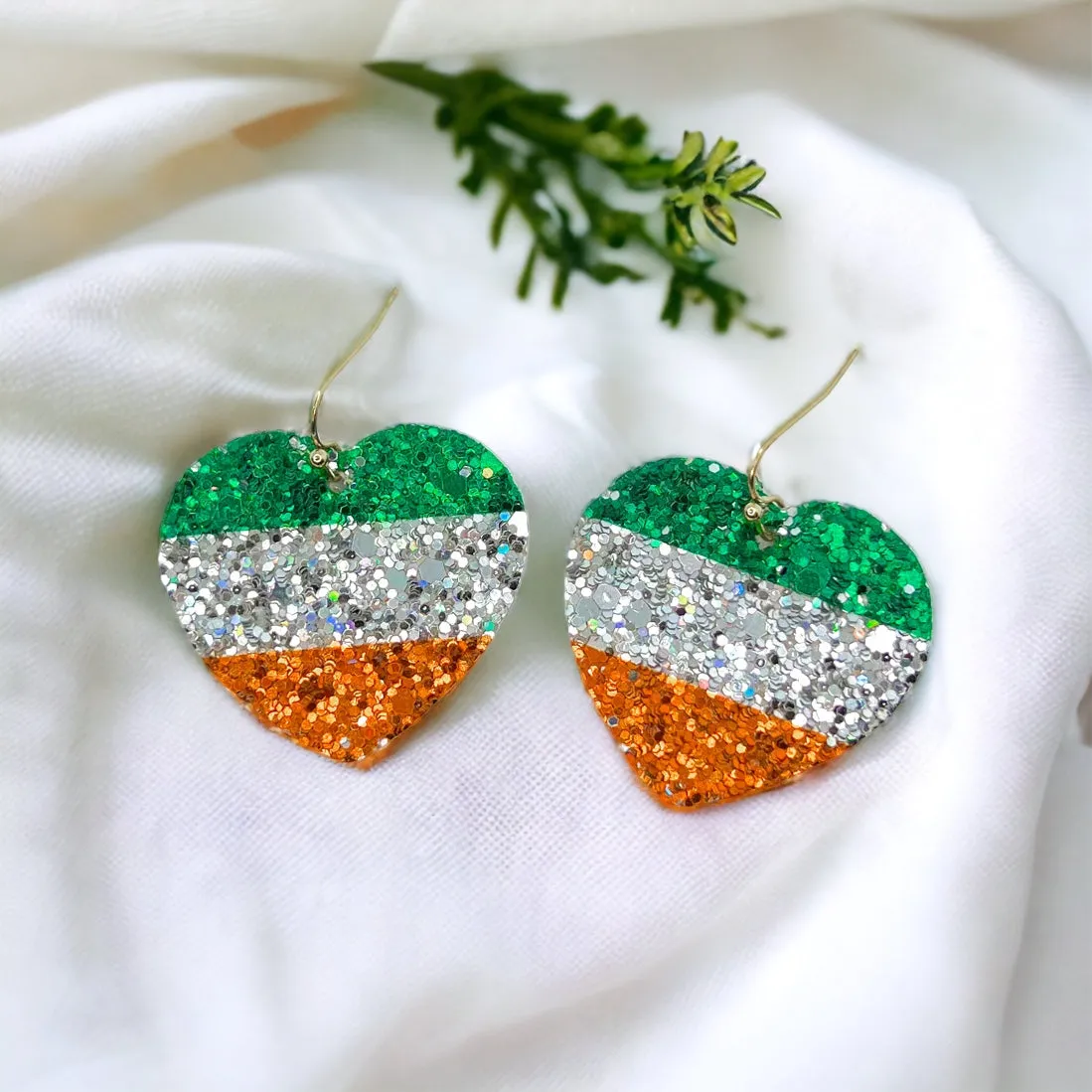 Irish Flag Earrings - Irish Earrings, Heart Earrings, Saint Patrick's Day, Glitter Earrings, Lucky Earrings, St. Patrick's Day