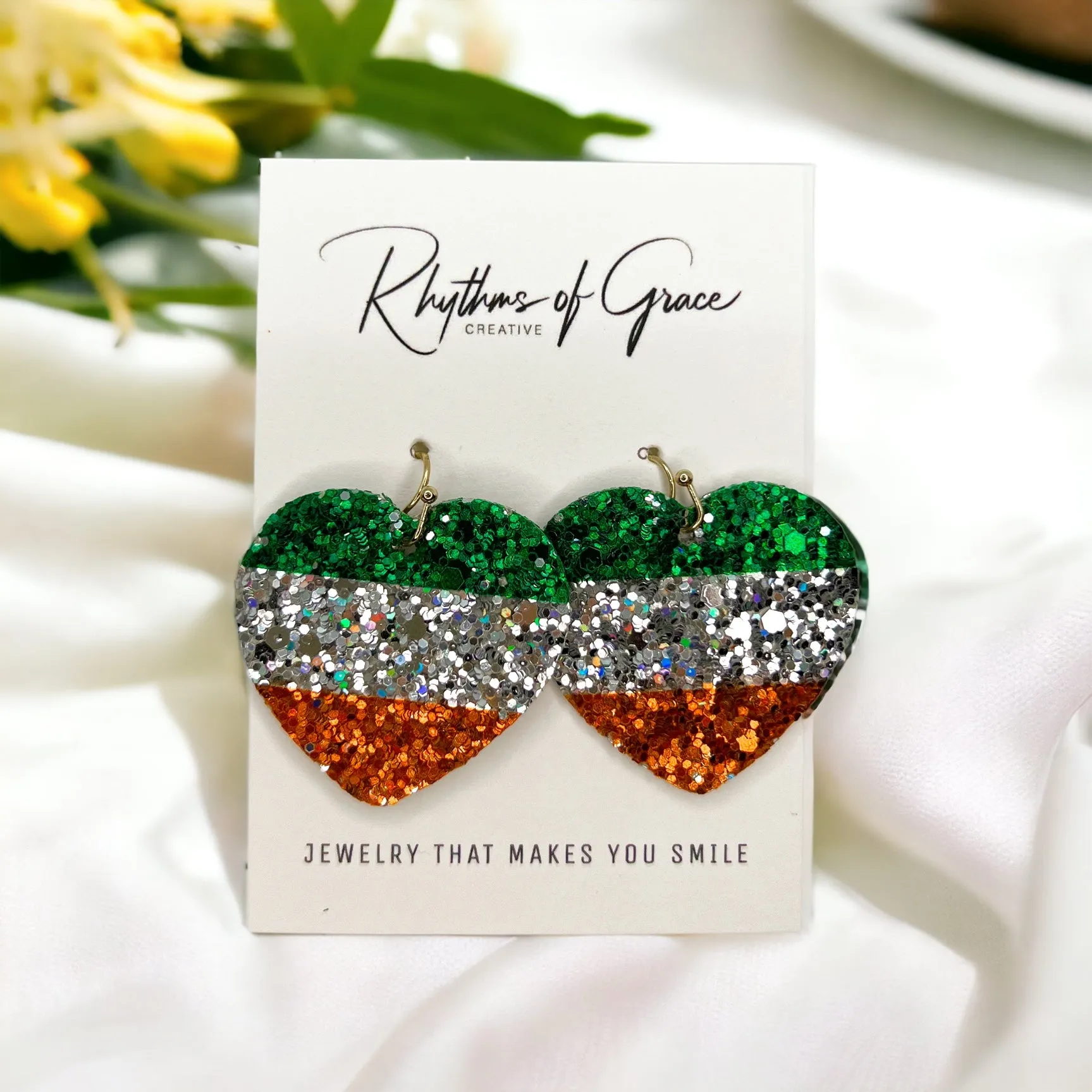 Irish Flag Earrings - Irish Earrings, Heart Earrings, Saint Patrick's Day, Glitter Earrings, Lucky Earrings, St. Patrick's Day