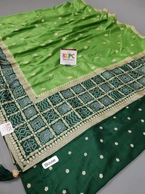 KcPc Exclusive Multicolor Bandhani Semi Gaji Silk Saree with Ghatchola Bandhej Border Parrot Green