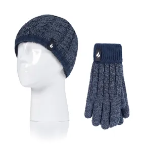 Kids Cable Hat & Gloves - Denim & Navy