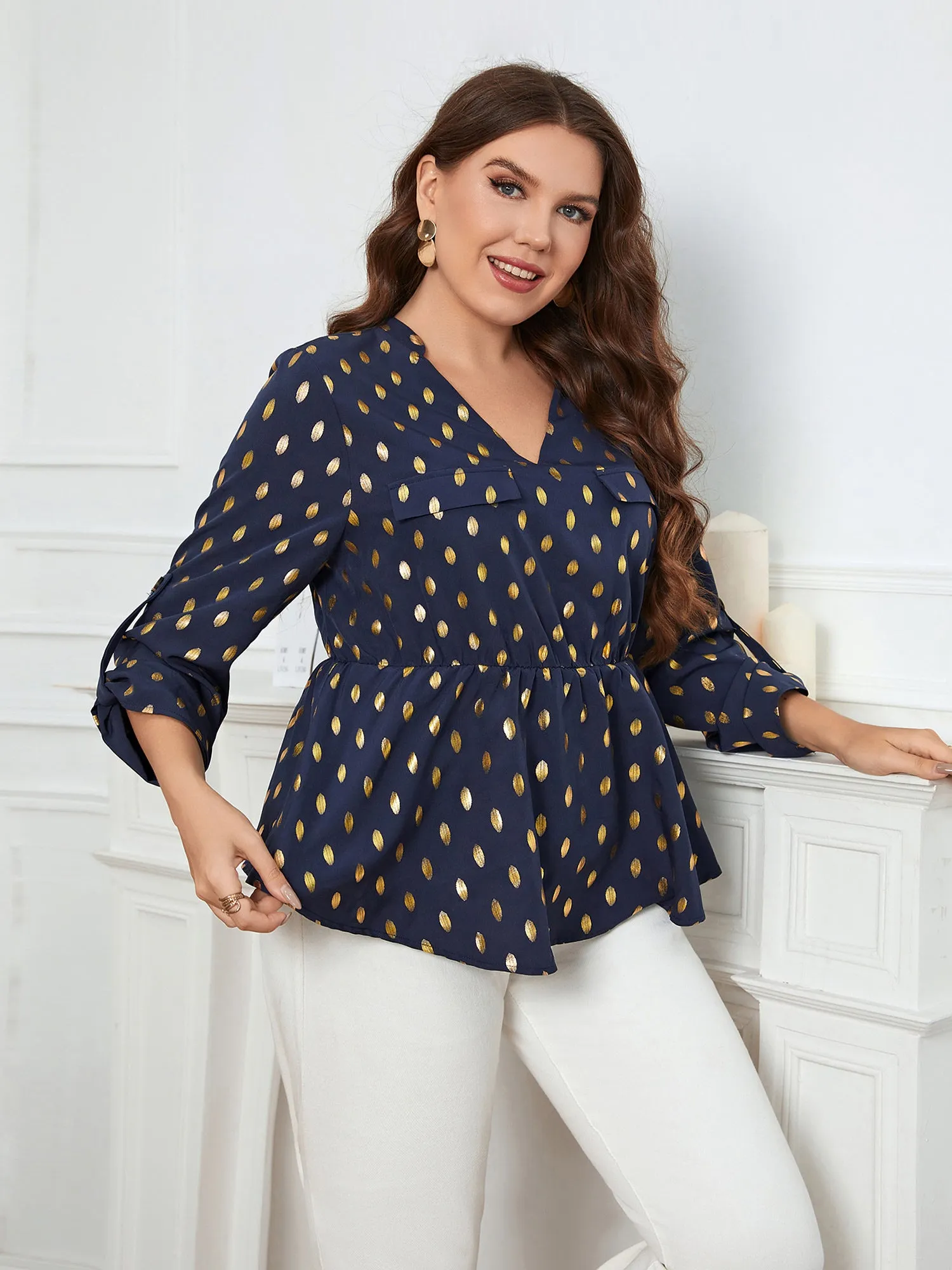 Midsize V-neck Slim Waist Blouse Shirt