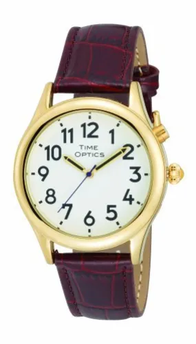 TimeOptics Men's Talking Gold-Tone Day-Date Alarm Leather Strap Watch # GWC128G