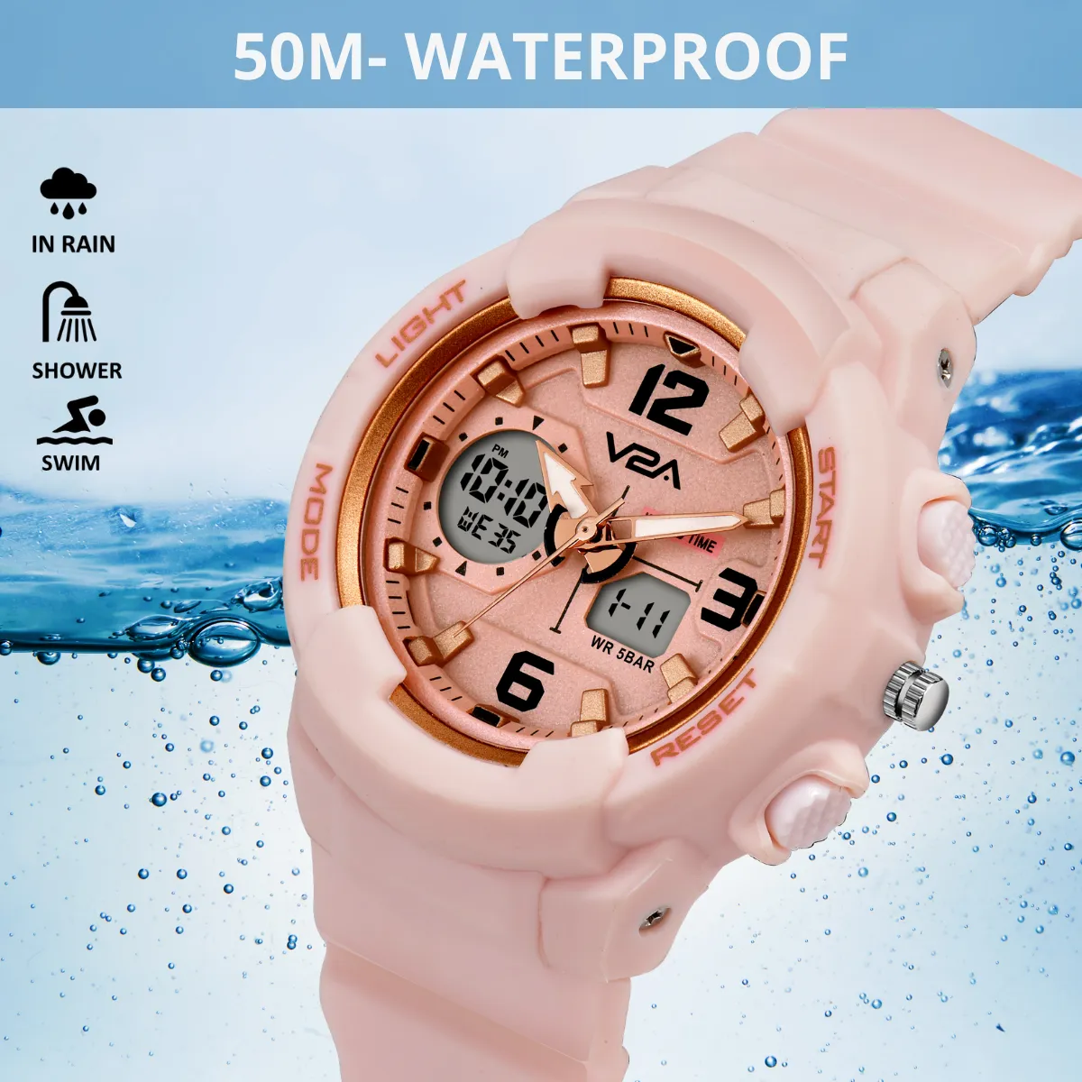 V2A Analog Digital 5ATM Waterproof Fashion Sports Watch with Backlight Alarm Stopwatch for Women and Girls (Pink Color Dial and Strap)