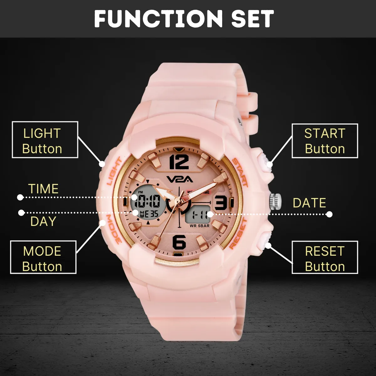 V2A Analog Digital 5ATM Waterproof Fashion Sports Watch with Backlight Alarm Stopwatch for Women and Girls (Pink Color Dial and Strap)