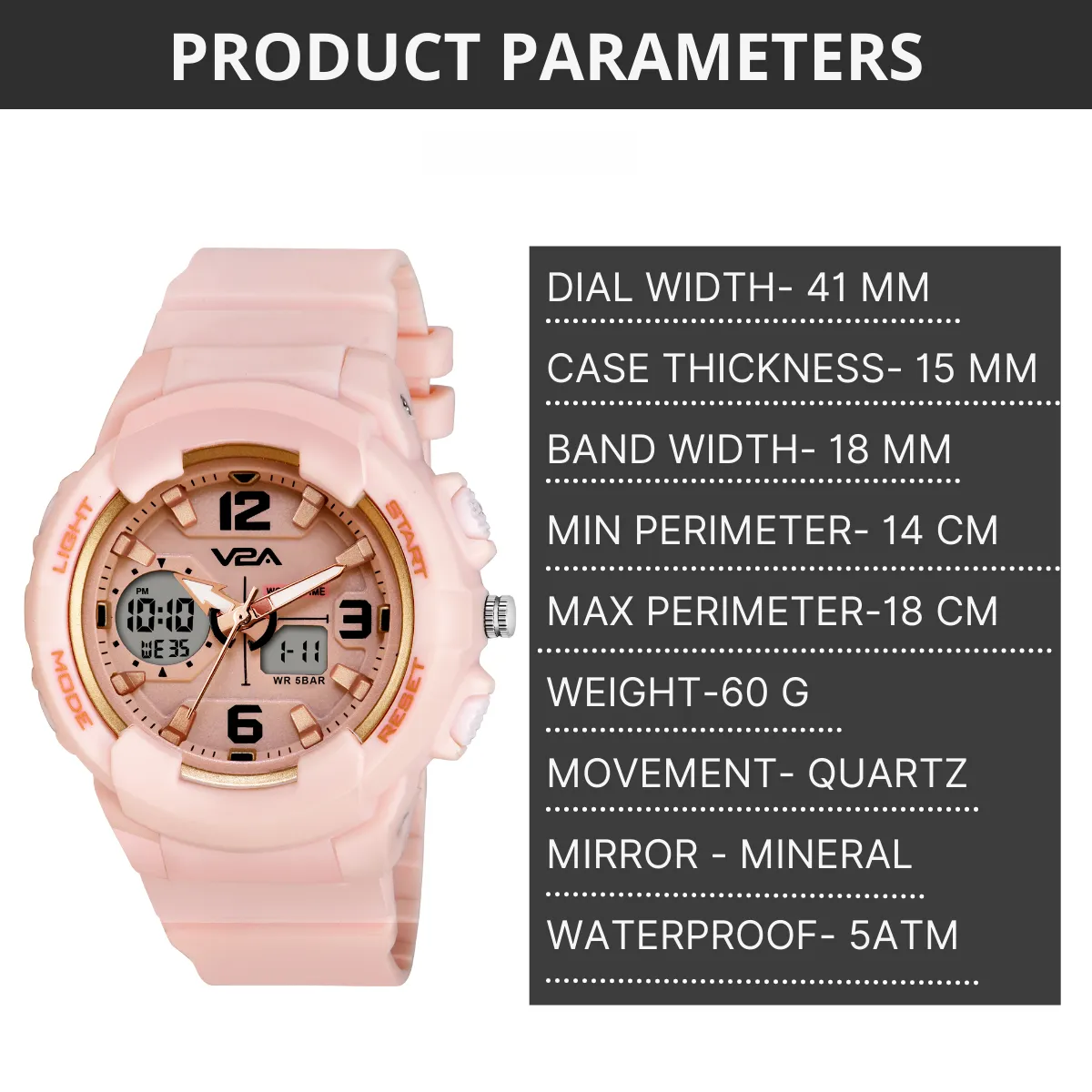 V2A Analog Digital 5ATM Waterproof Fashion Sports Watch with Backlight Alarm Stopwatch for Women and Girls (Pink Color Dial and Strap)