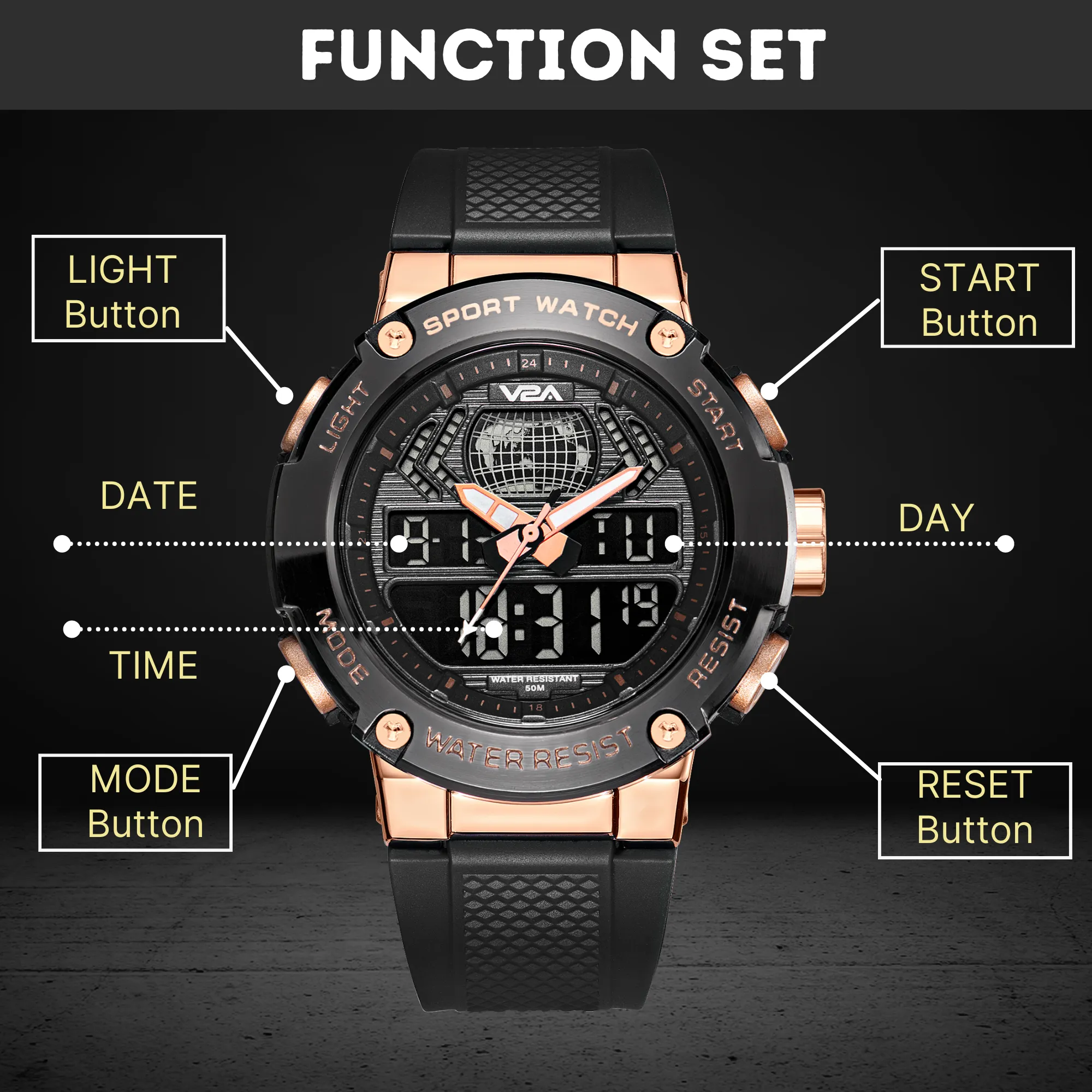 V2A Analog Digital Rose Gold Alloy Metal Case 5ATM Waterproof Sports Watch for Men with Stopwatch, Alarm and Backlight | Case Size- 48mm