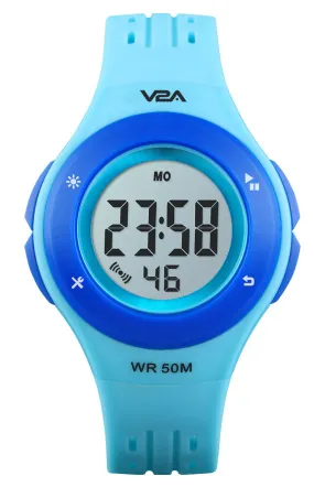 V2A Digital 5ATM Waterproof Kids Sports Watch with 7 Color Backlight Alarm Stopwatch for Boys and Girls (White Dial and Blue Colored Strap)